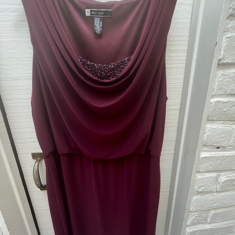 JS Boutique evening dress. Maroon w/beading. Elegant, comfortable. Never worn.